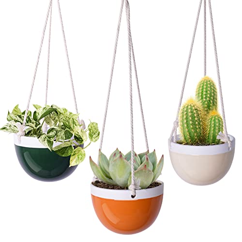 JOFAMY Hanging Planters for Indoor Plants 3 Pack, 4 Inch Ceramic Succulent Pots Small Hanging Planters Wall Decor Flower Pot with Drainage Hole Cotton Rope for Succulents, Cactus, Herbs Home Decor