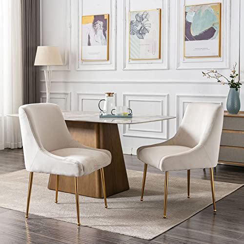 Guyou Cream Velvet Dining Chairs Set of 2, Modern Upholstered Accent Dining Room Chairs with Gold Legs Side Chairs for Kitchen Dining Room Living Room Bedroom (Cream)
