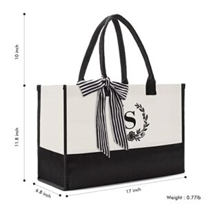 Personalized Initial Canvas Beach Bag,Monogrammed Gift Tote Bag for Women,Suitable for Wedding, Birthday, Beach, Holiday,Black and White Matching.Letter S