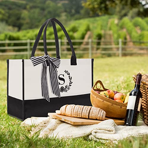 Personalized Initial Canvas Beach Bag,Monogrammed Gift Tote Bag for Women,Suitable for Wedding, Birthday, Beach, Holiday,Black and White Matching.Letter S