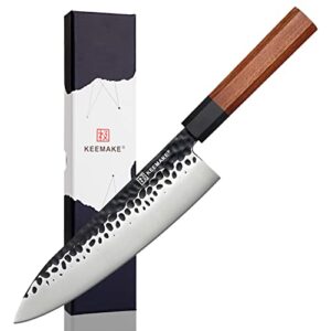 keemake japanese chef knife, sharp kitchen knife japanese 440c steel,porfessional gyuto cooking knife for meat cutting with g10 bolster octagonal wood handle