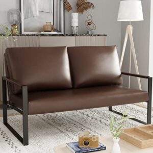 awqm faux leather loveseat sofa, mid-century 2-seat sofa, modern living room love seat for small spaces - brown