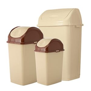 superio swing top trash can, waste bin for home, kitchen, office, bedroom, bathroom, ideal for large or small spaces - beige (3 pack- 4.5 gal, 9 gal, 13 gal)