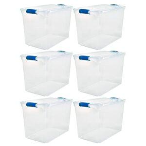 homz heavy duty modular clear plastic stackable storage tote containers with latching and locking lids, 112 quart capacity, 6 pack