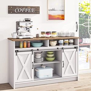 HOMBCK Coffee Bar Cabinet, Farmhouse Buffet Cabinet with Barn Door, White Coffee Bar Sideboard with Storage for Living Room, Dining Room, Hallway, Console Table, Accent Cabinet, White