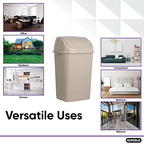 Superio Plastic Swing Top Trash Can, Waste Bin for Home, Kitchen, Office, Bedroom, Bathroom, Ideal for Large and Small Spaces (4 Pack- 2.5 Gal, 9 Gal, 13 Gal) (Beige)