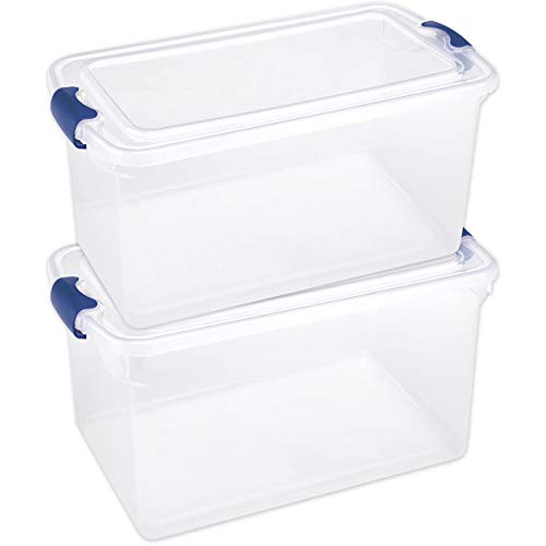 HOMZ Heavy Duty Modular Stackable Storage Tote Containers with Latching Lids, 66 Quart Capacity for Home, Garage, or Office Organization, Clear 4 Pack