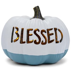 elanze designs blessed white teal dip 8 inch resin stone light up harvest pumpkin