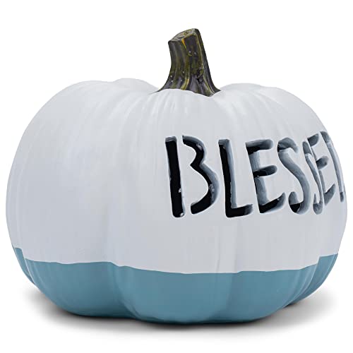 Elanze Designs Blessed White Teal Dip 8 inch Resin Stone Light Up Harvest Pumpkin