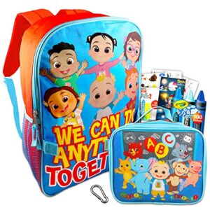 cocomelon backpack and lunch box for kids - 6 pc bundle with 16" cocomelon backpack, lunch bag, stickers, backpack clip, and more (cocomelon school supplies)