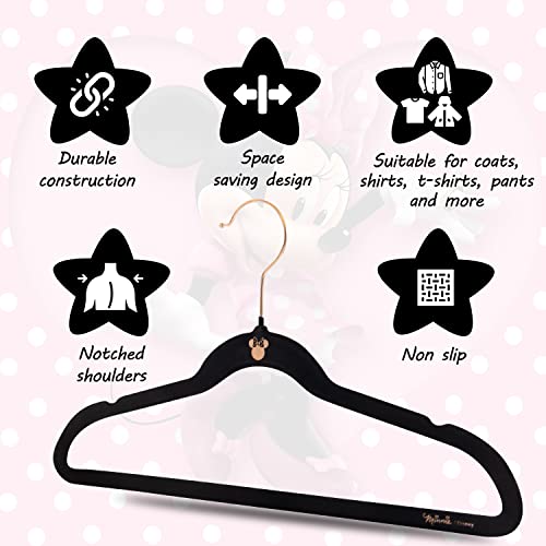 Minnie Mouse Velvet Hangers, Black Velvet Hanger Set of 25, Girls Hangers for Coats, Clothing, & More, Lovable & Adorable Minnie Mouse Kids Hangers