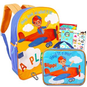color shop blippi backpack & lunch bag for kids - 6 pc school supplies bundle with 16'' backpack, box, stickers, temporary tattoos, clip, more (blippi travel bag)