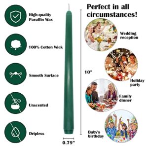 NIKY 10 inch Green Taper Candles for Christmas Spring, Set of 12 Unscented Dripless Candlesticks - 8 Hours Long Burning for Home Decor, Wedding, Parties and Special Occasions