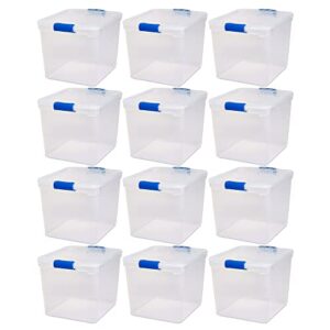 homz heavy duty modular clear plastic stackable storage tote containers with latching and locking lids, 31 quart capacity, 12 pack