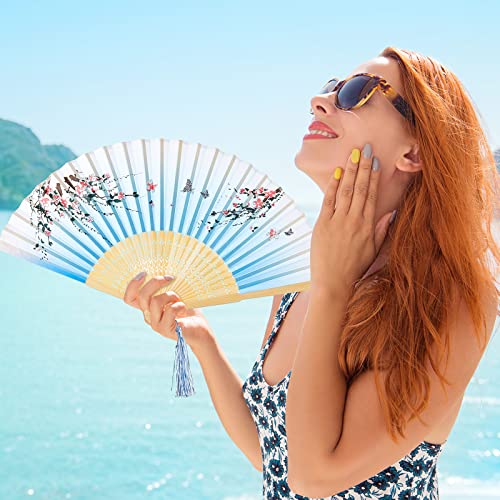 30 Pcs Floral Hand Fan Chinese Vintage Style Folding Fan Silk Handheld Fan Foldable Bamboo Framed Foldable Fan Fabric Silk Fans with Elegant Tassel Decorative Folding Fans for Women Wedding Party