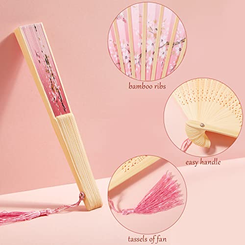 30 Pcs Floral Hand Fan Chinese Vintage Style Folding Fan Silk Handheld Fan Foldable Bamboo Framed Foldable Fan Fabric Silk Fans with Elegant Tassel Decorative Folding Fans for Women Wedding Party