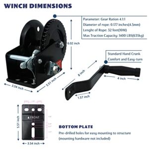 JAVIKA 1400 LBS Hand Crank Winch Boat Trailer Winch Drill Winch Trailer Winch Come Along Winch Heavy Duty Boat Lift Wheel Kit Single Speed Mini Winch Manual Boat Anchor Winch (051042), Made in Taiwan