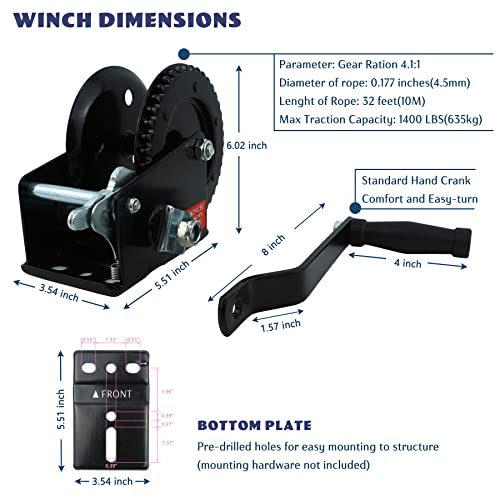 JAVIKA 1400 LBS Hand Crank Winch Boat Trailer Winch Drill Winch Trailer Winch Come Along Winch Heavy Duty Boat Lift Wheel Kit Single Speed Mini Winch Manual Boat Anchor Winch (051042), Made in Taiwan