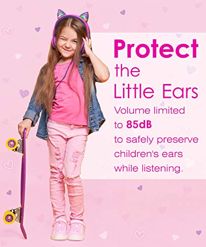 FosPower Kids Headphones with LED Cat Ears, 3.5mm On-Ear Wired Headset with Laced Cables for iPad/Smartphones/PC/Kindle/Tablet/Laptop/School (Max Volume 85dB)