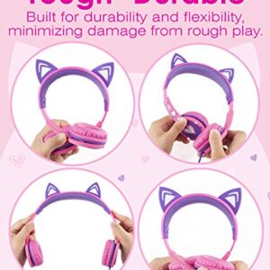 FosPower Kids Headphones with LED Cat Ears, 3.5mm On-Ear Wired Headset with Laced Cables for iPad/Smartphones/PC/Kindle/Tablet/Laptop/School (Max Volume 85dB)