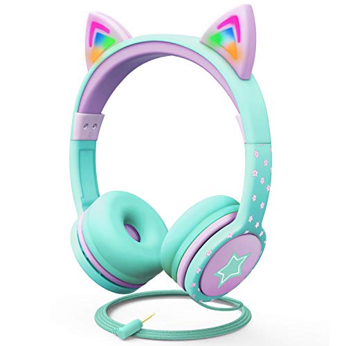 FosPower Kids Headphones with LED Cat Ears, 3.5mm On-Ear Wired Headset with Laced Cables for iPad/Smartphones/PC/Kindle/Tablet/Laptop/School (Max Volume 85dB)