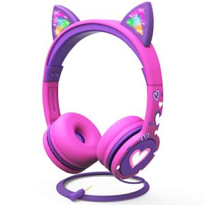 FosPower Kids Headphones with LED Cat Ears, 3.5mm On-Ear Wired Headset with Laced Cables for iPad/Smartphones/PC/Kindle/Tablet/Laptop/School (Max Volume 85dB)