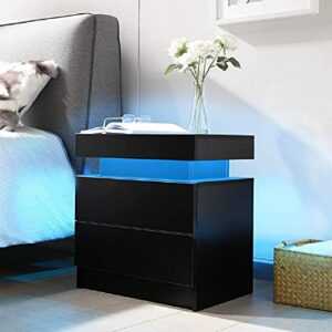 melon studio led nightstand with drawers - stylish smart bedside table with 2 drawers for bedroom, home - mesa de noche para dormitorio - wooden nightstand light rgb with remote control - black