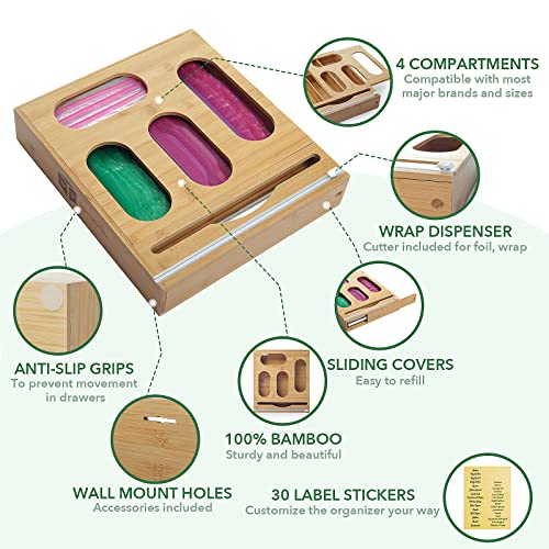 Kitchen Drawer Ziplock Bag Organizer with Foil Wrap Dispenser and Cutter | Bamboo Ziplock Bag Organizer for Drawer | Baggie Organizer Compatible with Snack, Slider, Quart, Gallon, Sandwich Bag Sizes