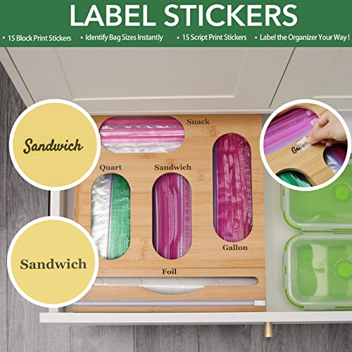 Kitchen Drawer Ziplock Bag Organizer with Foil Wrap Dispenser and Cutter | Bamboo Ziplock Bag Organizer for Drawer | Baggie Organizer Compatible with Snack, Slider, Quart, Gallon, Sandwich Bag Sizes