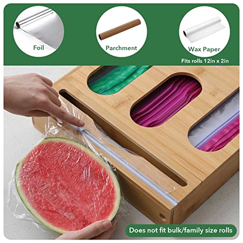 Kitchen Drawer Ziplock Bag Organizer with Foil Wrap Dispenser and Cutter | Bamboo Ziplock Bag Organizer for Drawer | Baggie Organizer Compatible with Snack, Slider, Quart, Gallon, Sandwich Bag Sizes