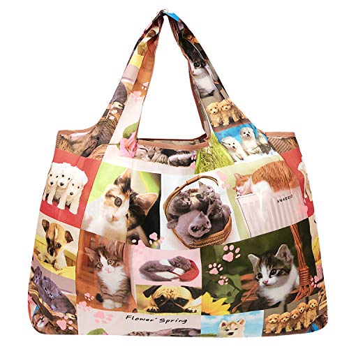 allydrew Large Foldable Tote Nylon Reusable Grocery Bags, 5 Pack, Cats Everywhere