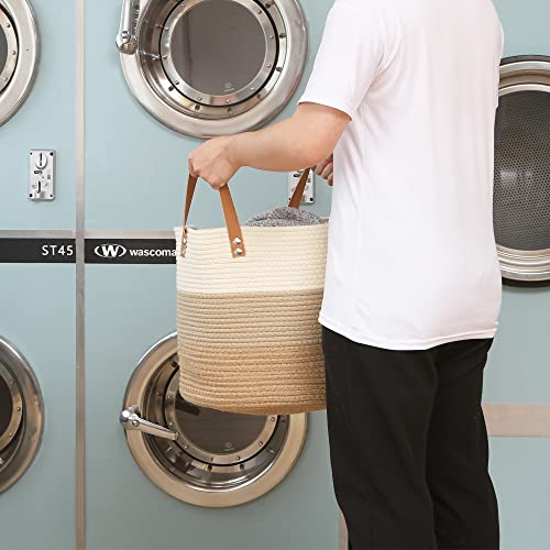 Sea Team Large Size Cotton Rope Woven Storage Basket with Handles, Laundry Hamper, Trunk Organizer, Clothes Toys Bin for Kid's Room, 15 x 13 inches, Round Open Design, Off White & Brown