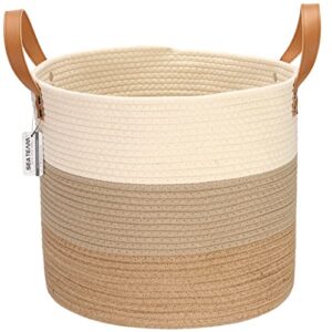 sea team large size cotton rope woven storage basket with handles, laundry hamper, trunk organizer, clothes toys bin for kid's room, 15 x 13 inches, round open design, off white & brown