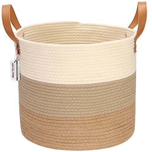 Sea Team Large Size Cotton Rope Woven Storage Basket with Handles, Laundry Hamper, Trunk Organizer, Clothes Toys Bin for Kid's Room, 15 x 13 inches, Round Open Design, Off White & Brown