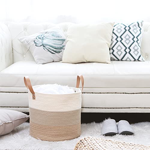 Sea Team Large Size Cotton Rope Woven Storage Basket with Handles, Laundry Hamper, Trunk Organizer, Clothes Toys Bin for Kid's Room, 15 x 13 inches, Round Open Design, Off White & Brown