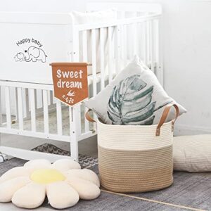 Sea Team Large Size Cotton Rope Woven Storage Basket with Handles, Laundry Hamper, Trunk Organizer, Clothes Toys Bin for Kid's Room, 15 x 13 inches, Round Open Design, Off White & Brown