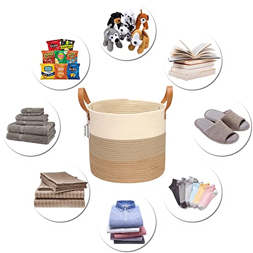 Sea Team Large Size Cotton Rope Woven Storage Basket with Handles, Laundry Hamper, Trunk Organizer, Clothes Toys Bin for Kid's Room, 15 x 13 inches, Round Open Design, Off White & Brown