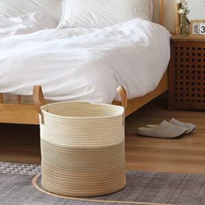 Sea Team Large Size Cotton Rope Woven Storage Basket with Handles, Laundry Hamper, Trunk Organizer, Clothes Toys Bin for Kid's Room, 15 x 13 inches, Round Open Design, Off White & Brown