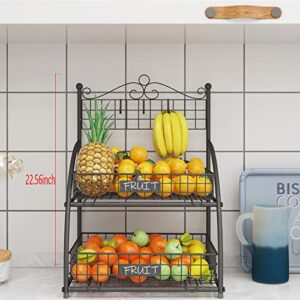 2-tier fruit basket for kitchen, bananas hanger hook holder &countertop tiered fruit and vegetable storage bowl stand, detachable, easy to assemble, large capacity for home kitchen organizer-black