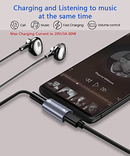 Samsung Galaxy S22+ Headphone Adapter, 2 in 1 USB C to 3.5mm Headphone Adapter with Safe 60W PD Fast Charging Compatible with Google Pixel 5/4/4XL/3/3XL, Galaxy S22/S22+/S22 Ultra/S21/Note 10+