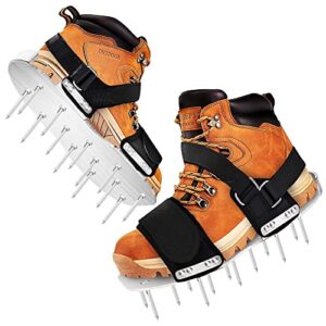 comglo upgraded lawn aerator shoes, aluminum soleplate sandals with stainless steel spikes aeration shoes, all straps assembled with rivets, adjustable grass aerarator shoes