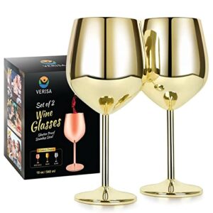 verisa stainless steel stemmed wine glasses,18oz unbreakable steel wine glass, shatterproof metal wine goblets for outdoor, picnic,party, gift box red wine 2 wine glasses (gold)