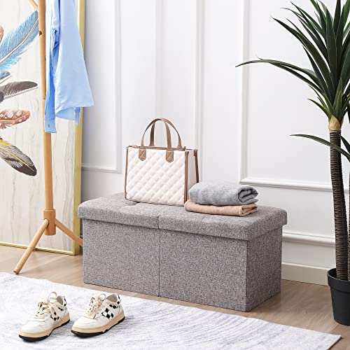 CUYOCA Storage Ottoman Bench Foldable Seat Footrest Shoe Bench End of Bed Storage with Flipping Lid, 75L Storage Space, 30 inches Linen Fabric Grey