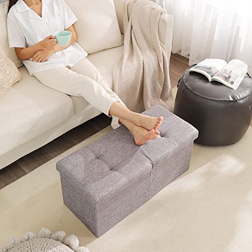 CUYOCA Storage Ottoman Bench Foldable Seat Footrest Shoe Bench End of Bed Storage with Flipping Lid, 75L Storage Space, 30 inches Linen Fabric Grey