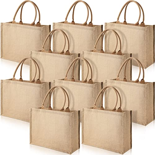 Shappy 10 Pieces Jute Burlap Tote Bags Reusable Burlap Shopping Bags with Handles Blank Totes for Women Shopping Market Grocery Beach Trip DIY Bags，16.5 x 7.25 x 13 Inches, Khaki