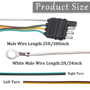 Ruibapa 25 Foot 4 Wire 4-Flat Trailer Light Wiring Harness Extension Kit with 18 Gauge White Ground Wire for Trailers P-O-016