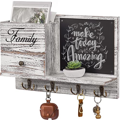 BEWISHOME Key Holder for Wall Decorative Mail Organizer Wall Mount with 4 Double Key Hooks, Wood Mail Holder with Shelf, Drawer, Chalk, Rustic Farmhouse Wall Shelf with Hooks, White, YYJ01W