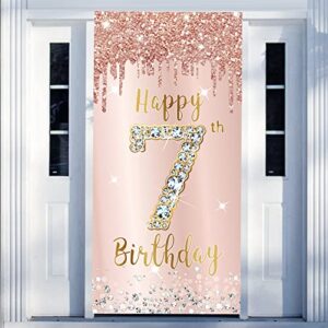 7th birthday door banner decorations for girls, pink rose gold happy 7 birthday door cover sign party supplies, seven year old birthday backdrop poster background decor