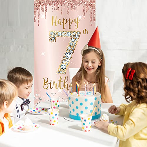 7th Birthday Door Banner Decorations for Girls, Pink Rose Gold Happy 7 Birthday Door Cover Sign Party Supplies, Seven Year Old Birthday Backdrop Poster Background Decor