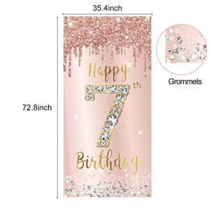 7th Birthday Door Banner Decorations for Girls, Pink Rose Gold Happy 7 Birthday Door Cover Sign Party Supplies, Seven Year Old Birthday Backdrop Poster Background Decor